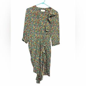 3.1 Phillip Lim Silk Floral Ruffle Wrap Dress Size 2 Green Boho Midi